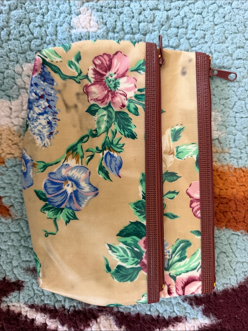 Floral Cream Cosmetic Pouch with Pink and Blue Blooms
